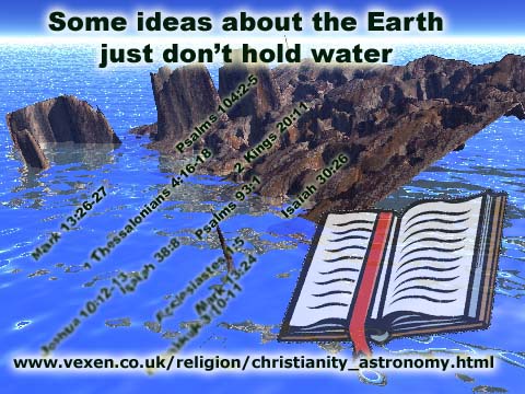 Humurous picture of a flat earth sinking into the ocean, with the horizon clearly showing, and bible verses becoming submerged alongside the land